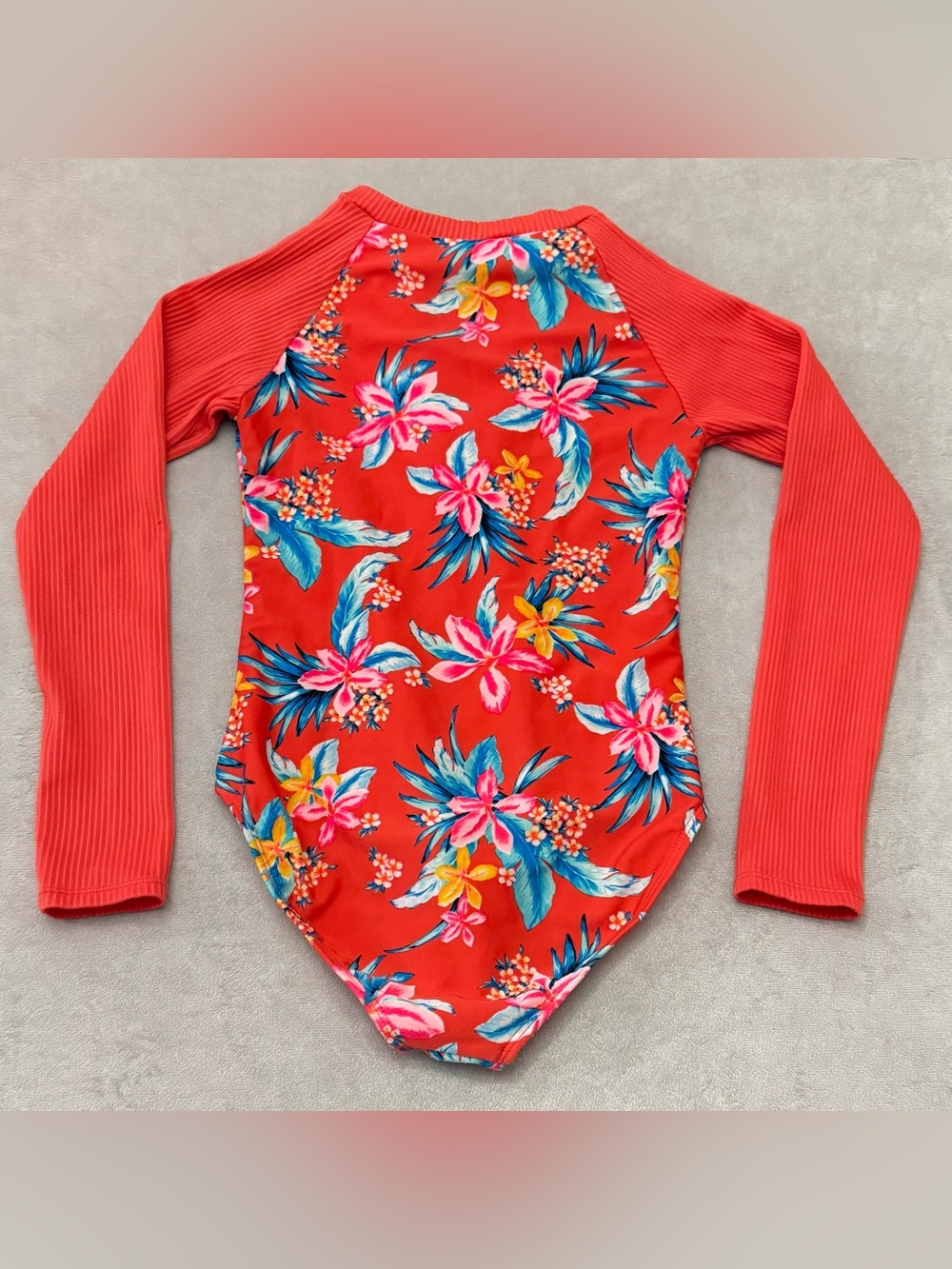 Art Class Girls One Piece Swimsuit Size 7/8 Red Tropical Floral Long Sleeve Zip - Picture 4 of 9